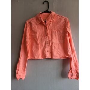 Women's XS oversized small bright coral orange button up cropped shirt